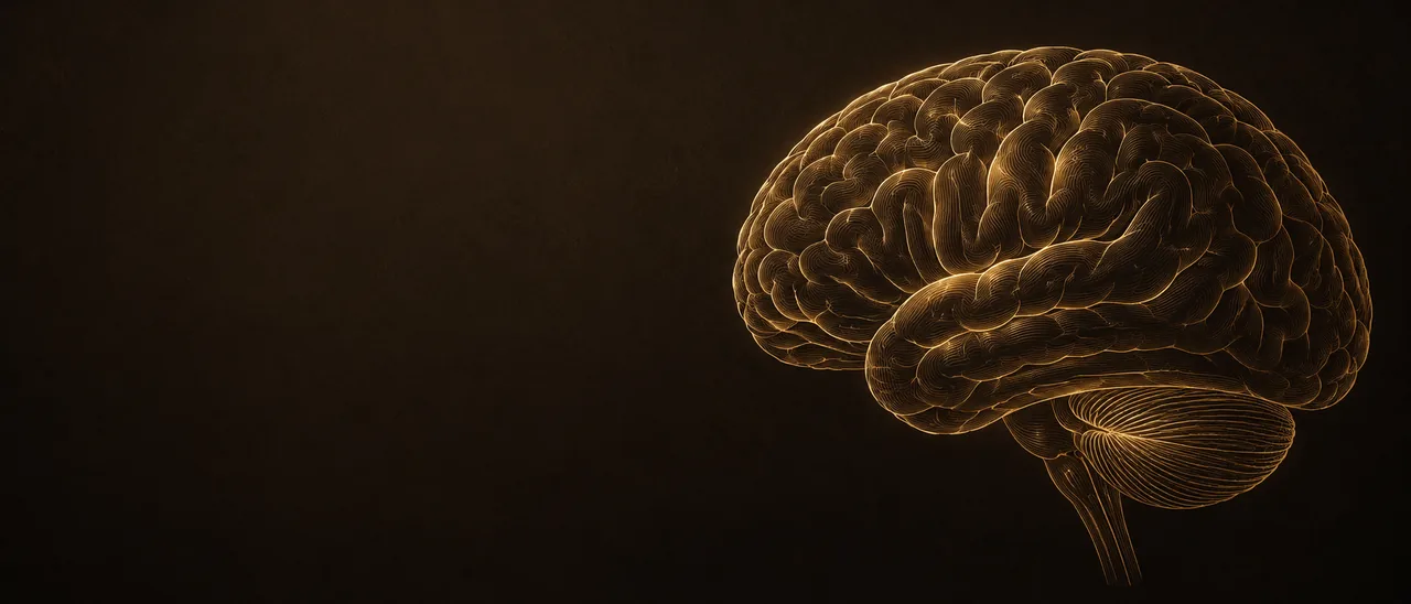Scientific line illustration of the human brain in gold